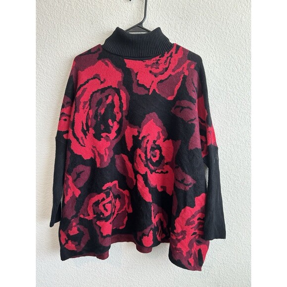 Chico's Roses Jacquard Pullover Sweater L/XL Red Black Turtleneck - Picture 1 of 7